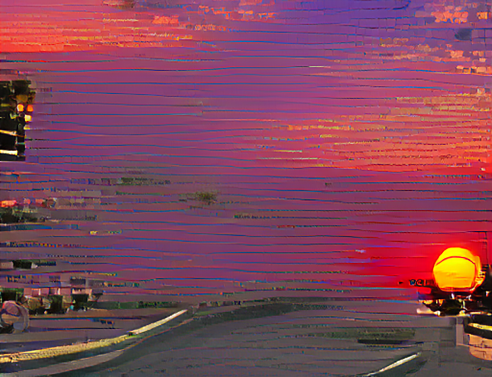 Image of cityscape against a colorful sunset rendered by VQGAN-CLIP