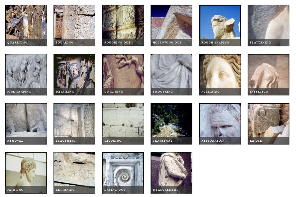 Grid of boxes showing examples of processes used in stoneworking in the Roman World.