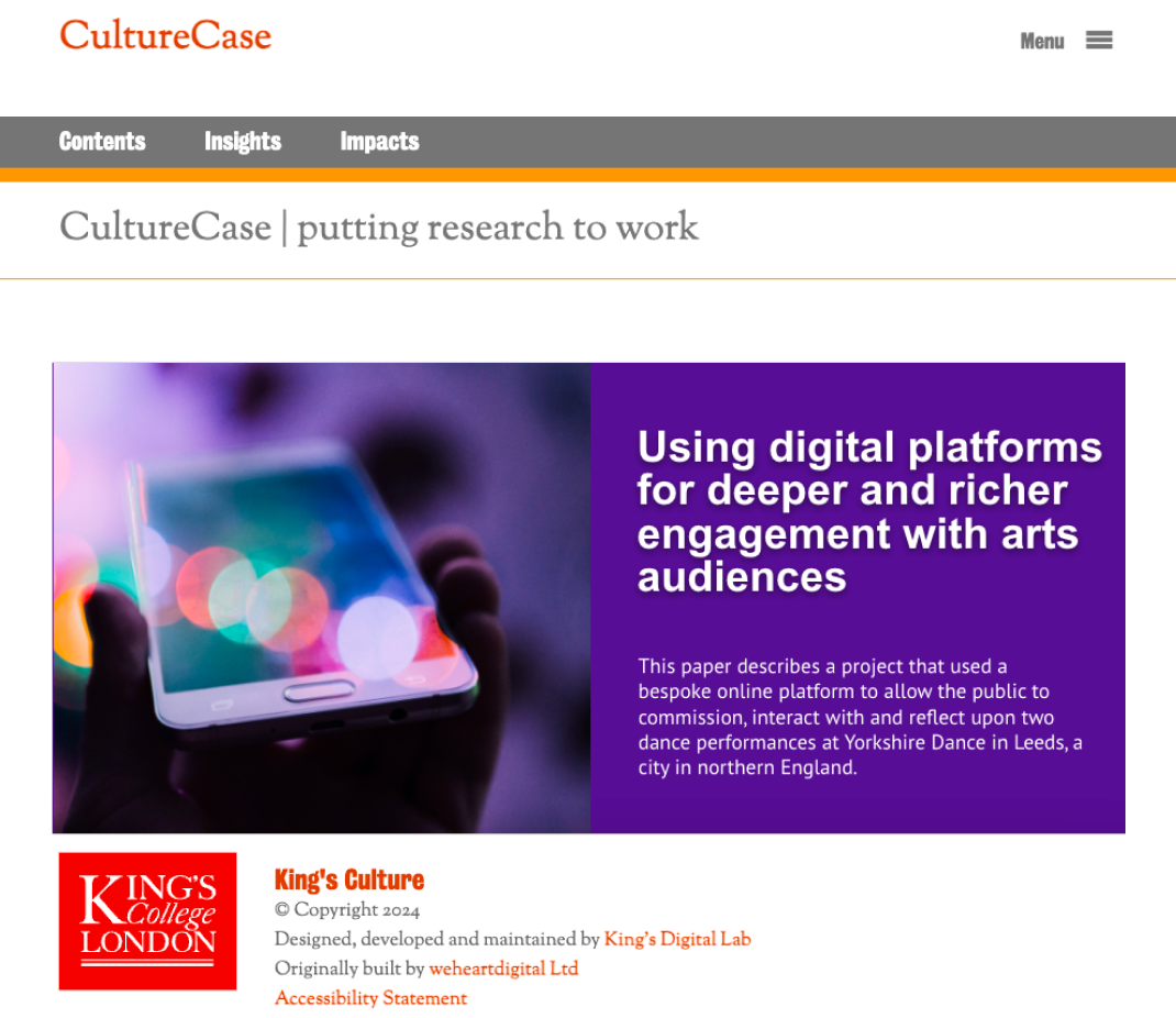 Screenshot of CultureCase homepage featuring the header, a article titled 'Using digital platforms for deeper and richer engagement with arts audiences' and the footer credits 'King's Culture' with a KCL logo.