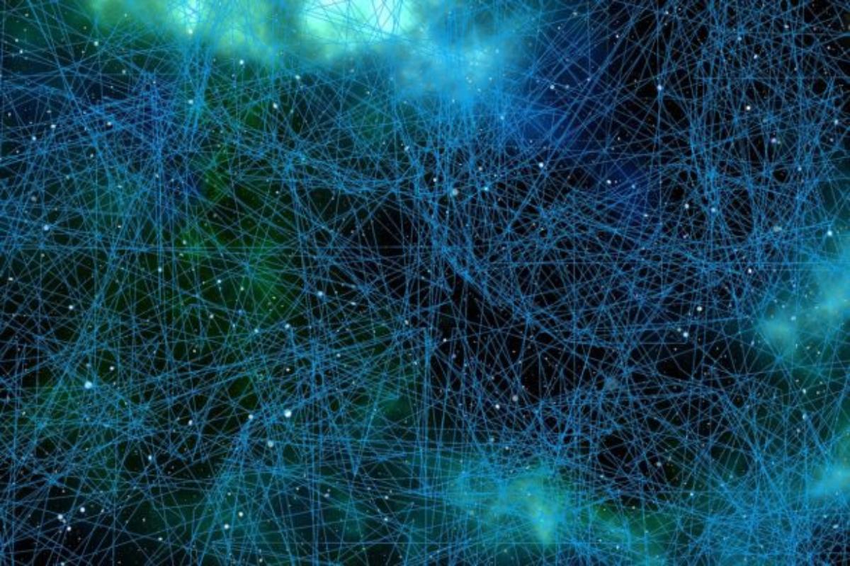 Abstract digital visualisation of interconnected blue lines and nodes against a dark background with glowing green and blue nebula-like areas.