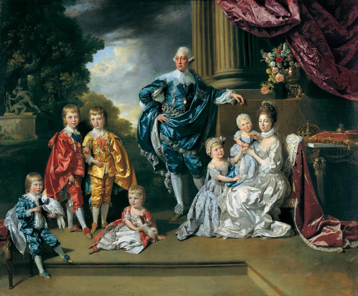 Painting of George III posing, standing central, with his family around him. One child plays with a dog; another holds a cockatoo.