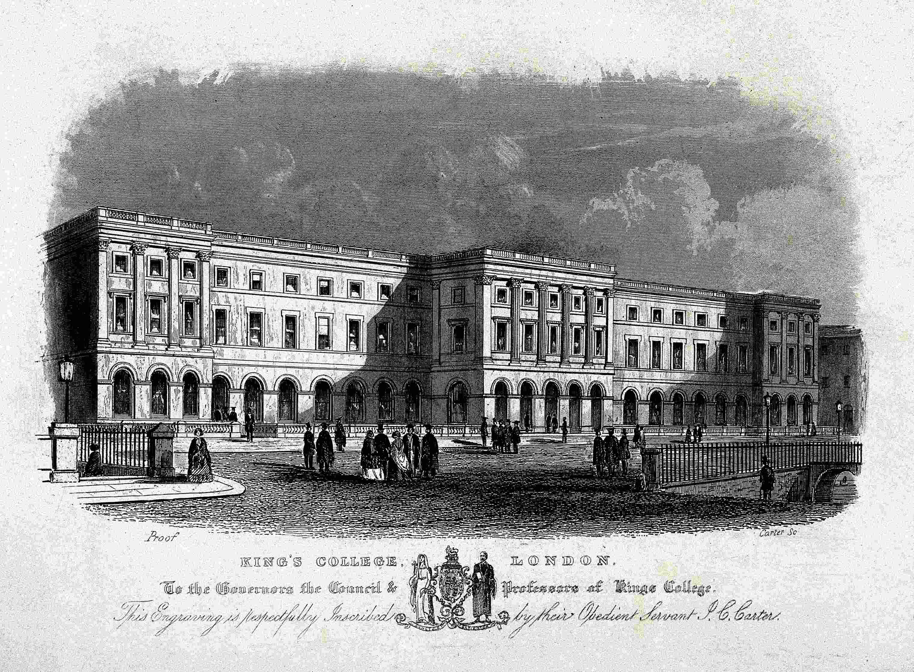 Historic drawing of King's College, Strand, London.