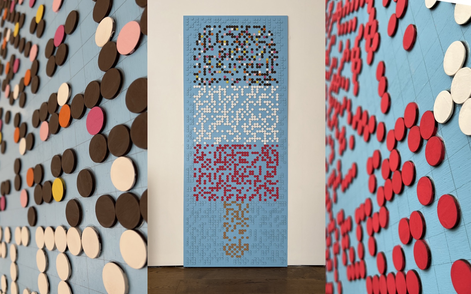 A montage of three perspectives of an artwork made of braille spots in the shape of a Fab lolly. Different colours show the lolly’s chocolate-dipped top, the bands of red and white, and the lolly’s stick.