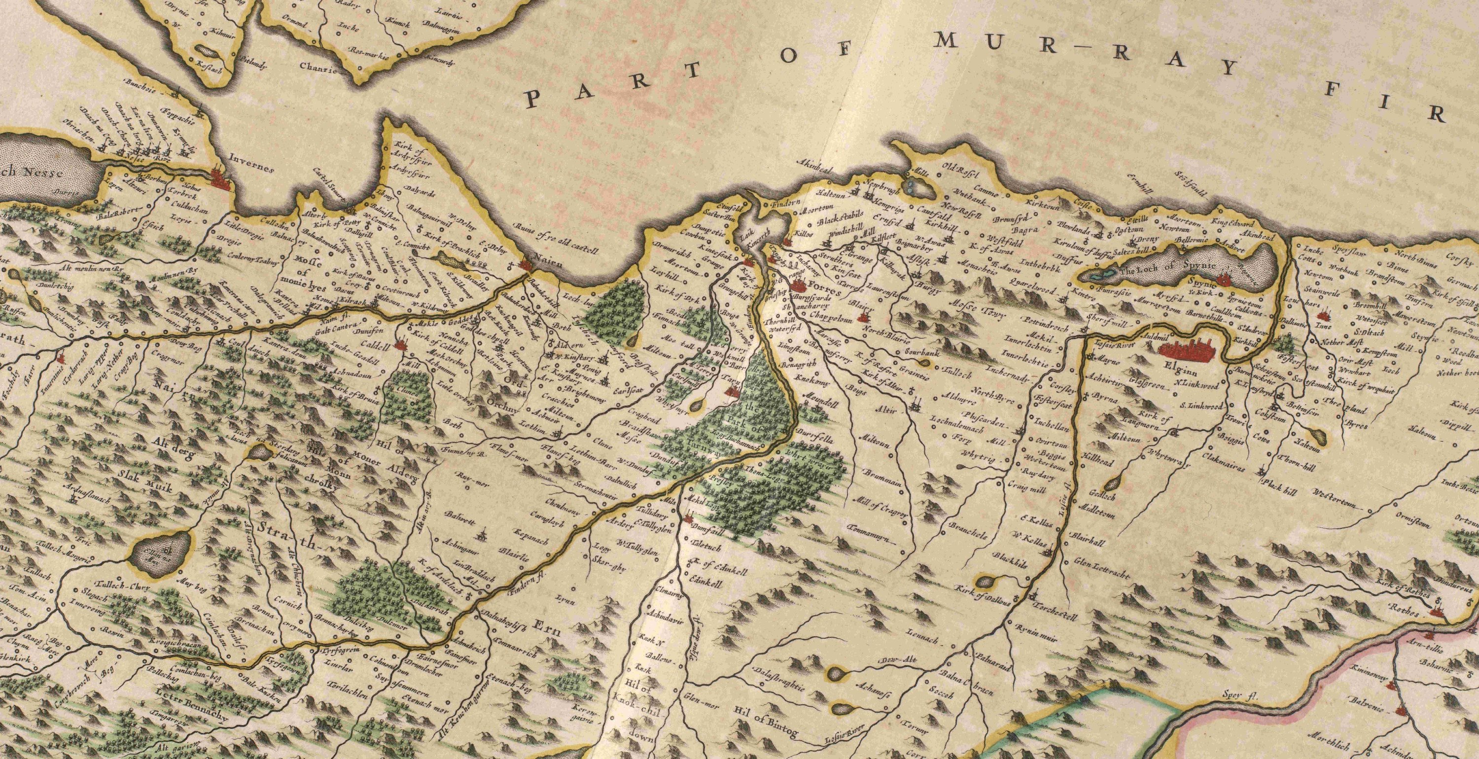 A historical map presenting Scotland, exhibiting its terrain, cities, and significant landmarks.