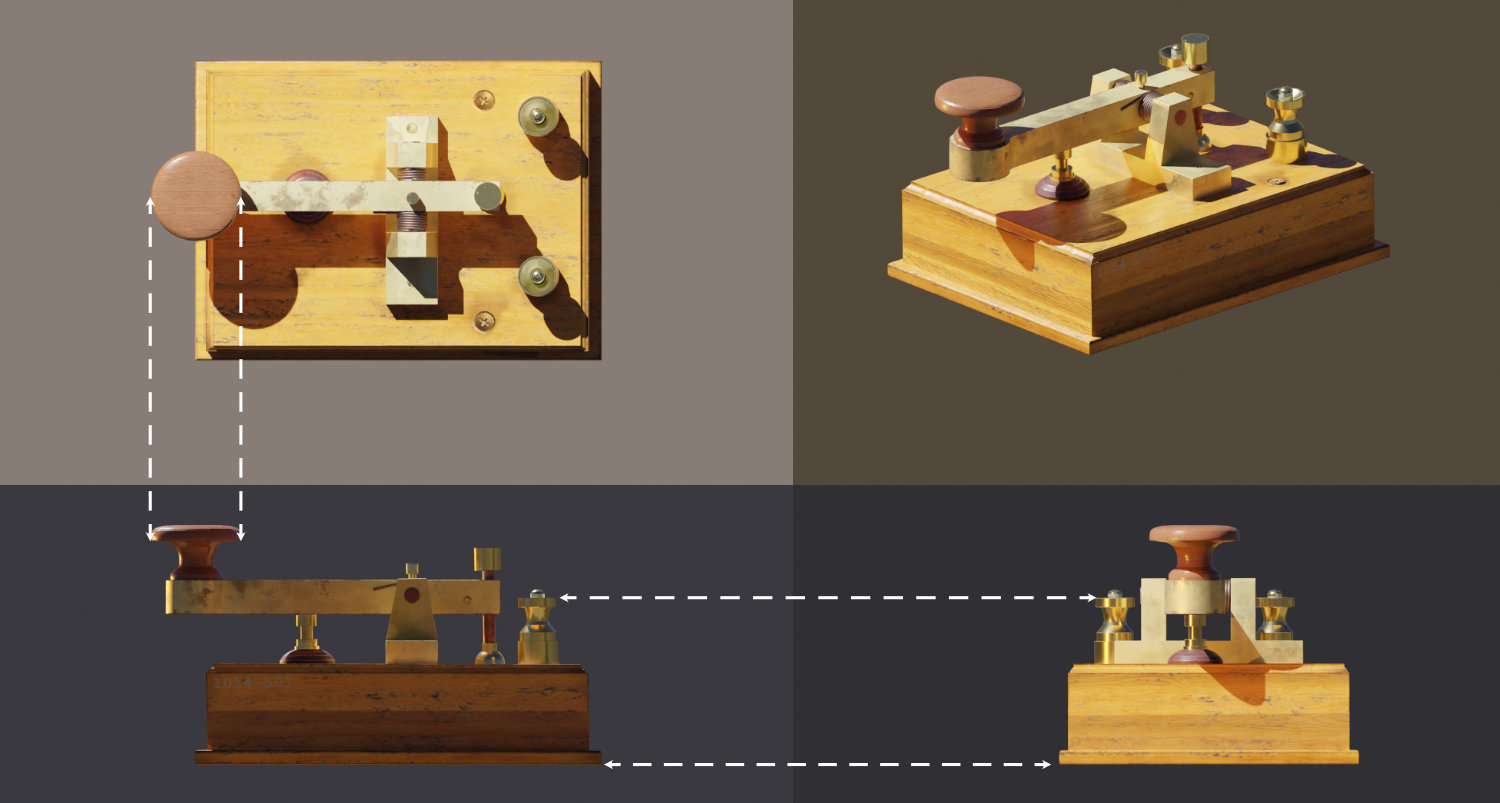 Four different views of a telegraph rendered in 3D