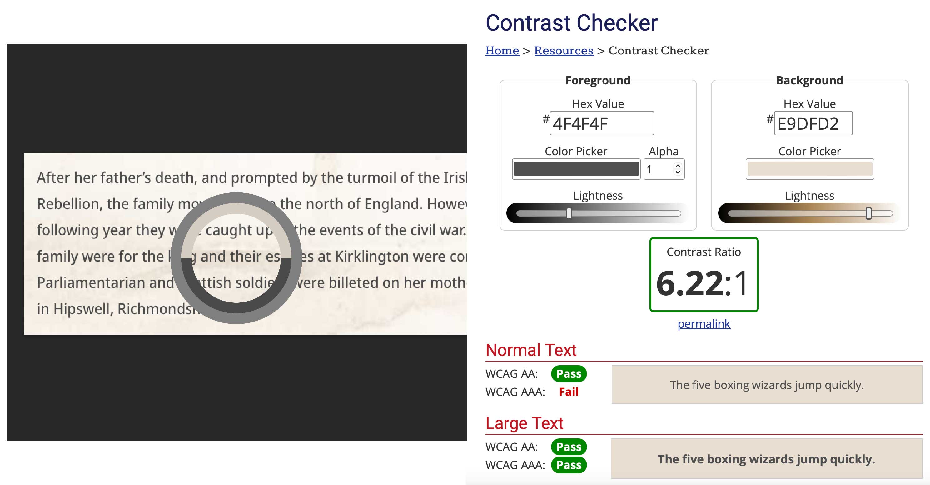 Screenshot of colour picker tool and contrast checker tool being used