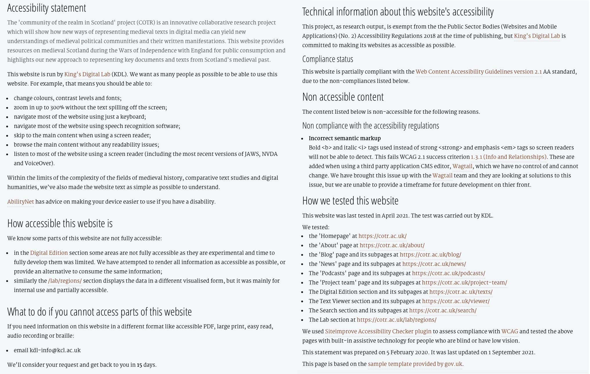 Screenshot of website accessibility statement colour coded with repeated words