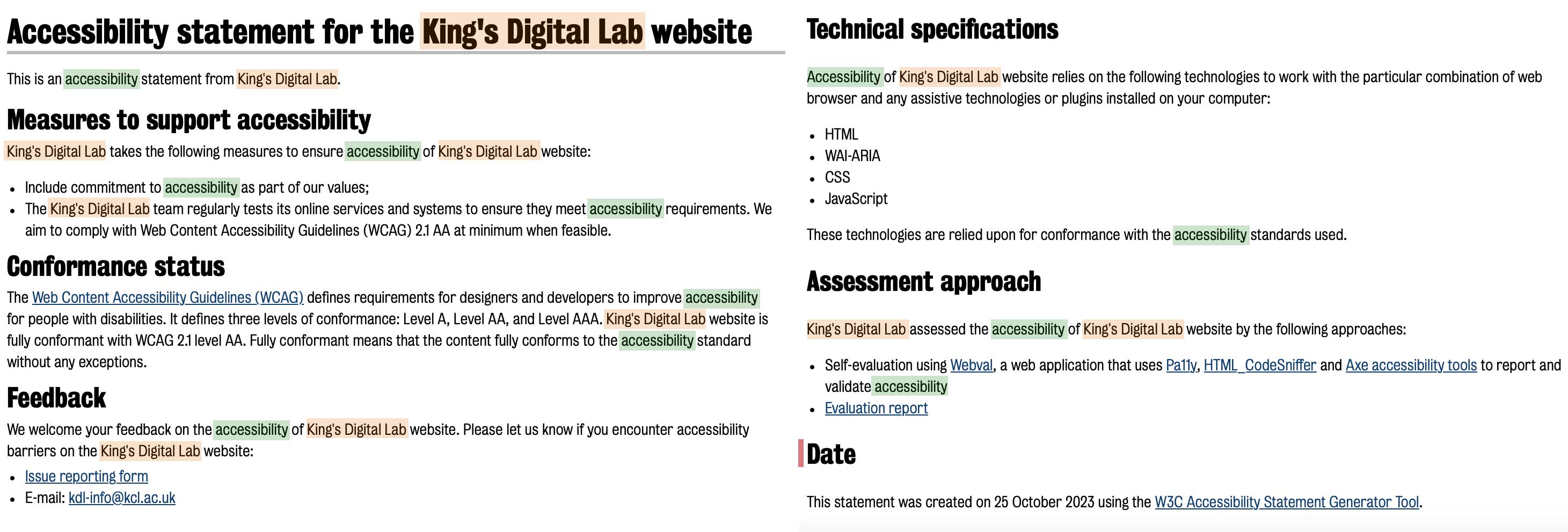 Screenshot of website accessibility statement colour coded with repeated words