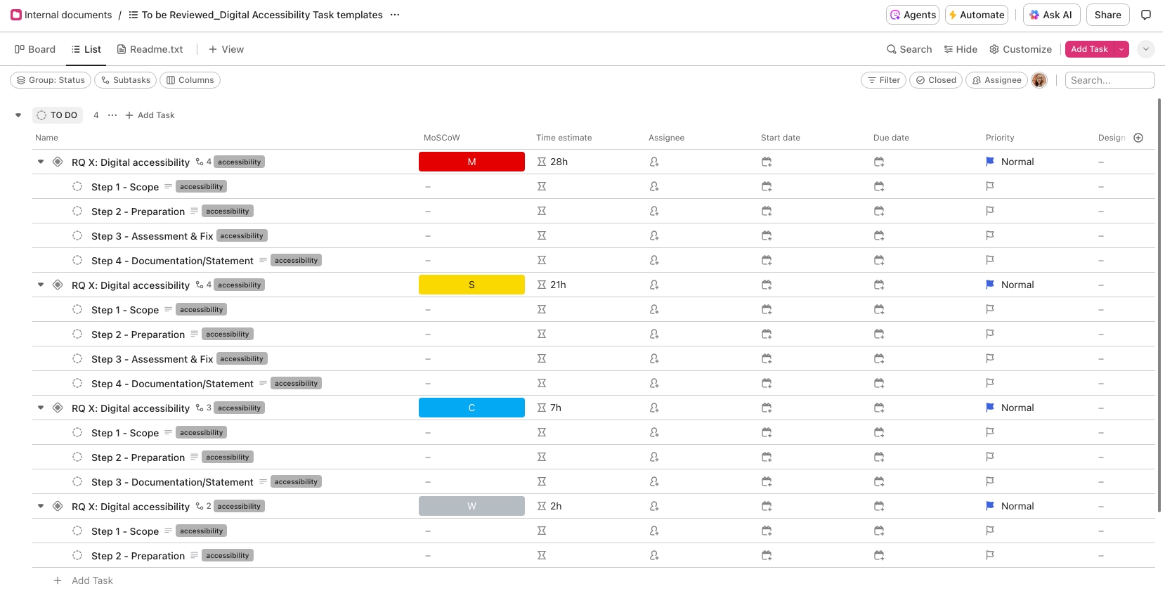 Screenshot of the accessibility tasks templates