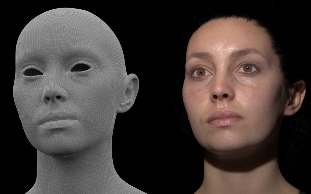 A split image comparing two models of a woman's head, with a wireframe model on the left and a photorealistic 3D rendering of the model on the right
