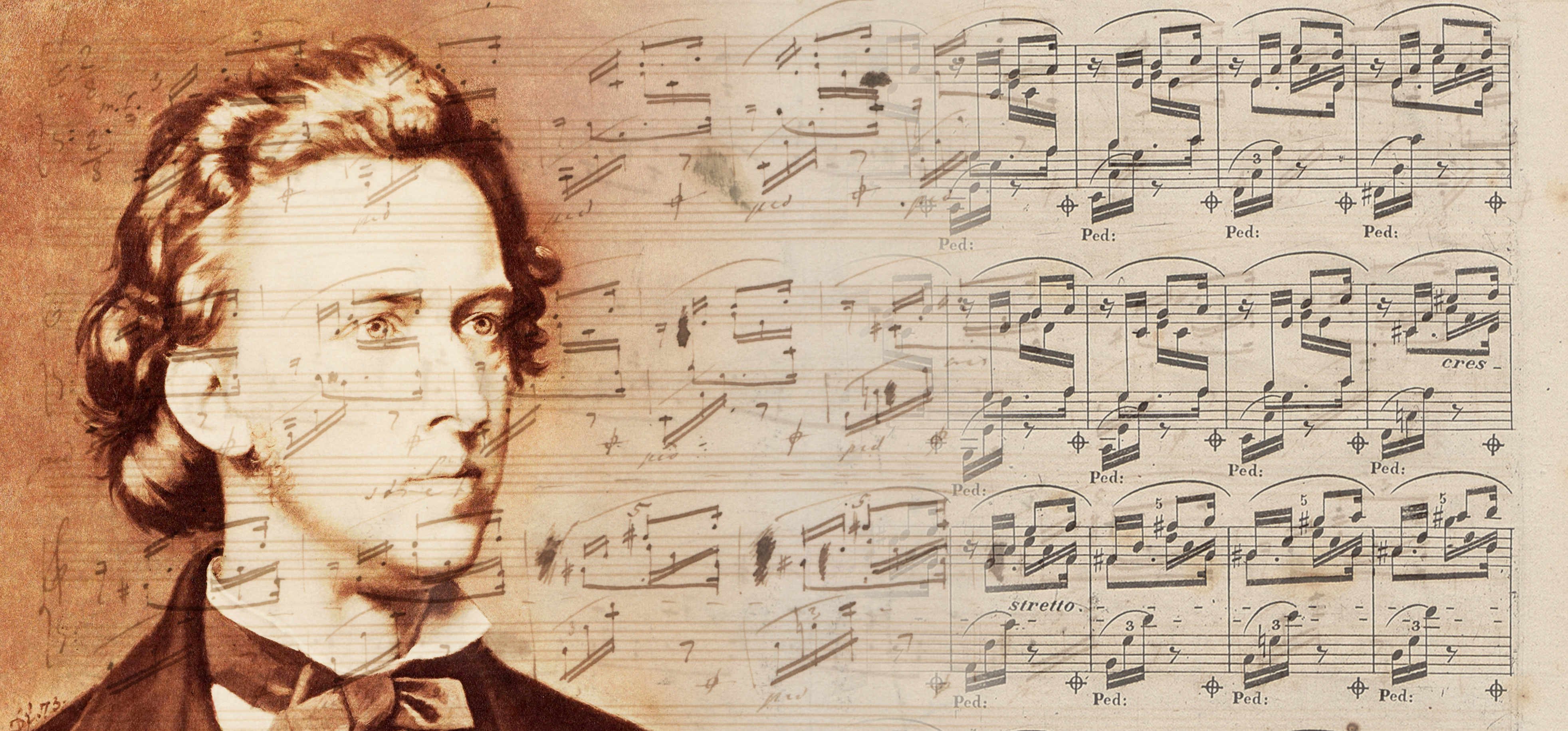 The portrait of composer Frédéric Chopin against a background of his own piano music notation