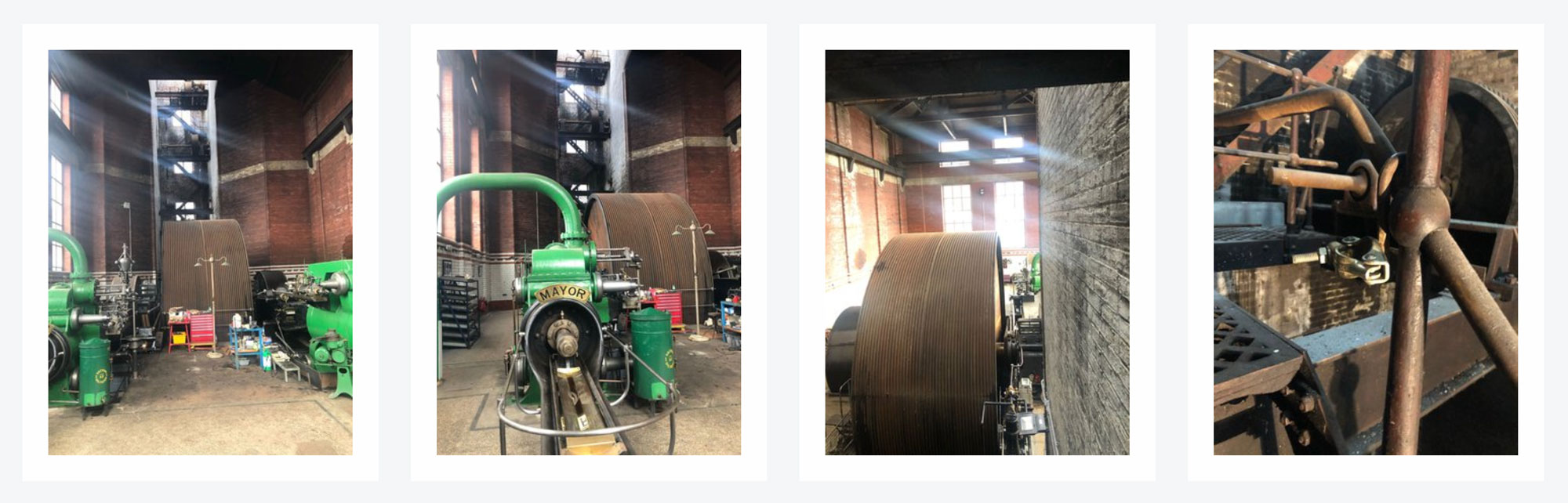 Four pictures illustrating the functioning of a steam engine machine within the premises of a factory