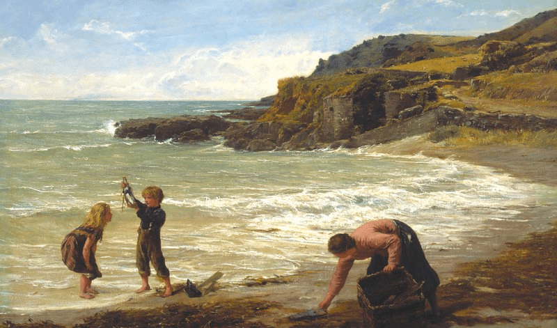 An oil painting shows children discovering a message in a bottle, while a woman collects driftwood near the beach.