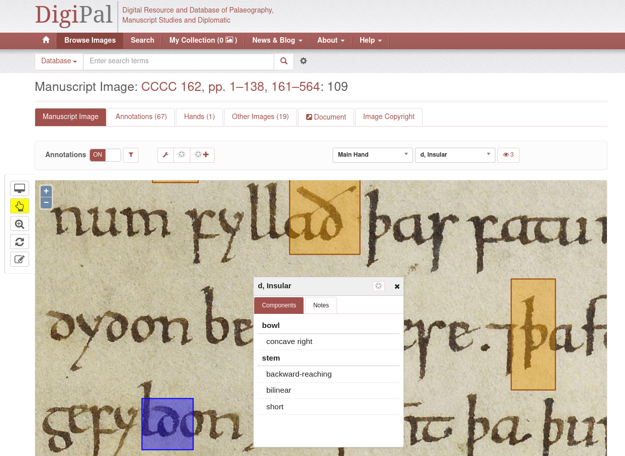 Screenshot of the Palaeographic Annotator on the DigiPal website showing an outlined insular "d" character on a manuscript facsimile.
