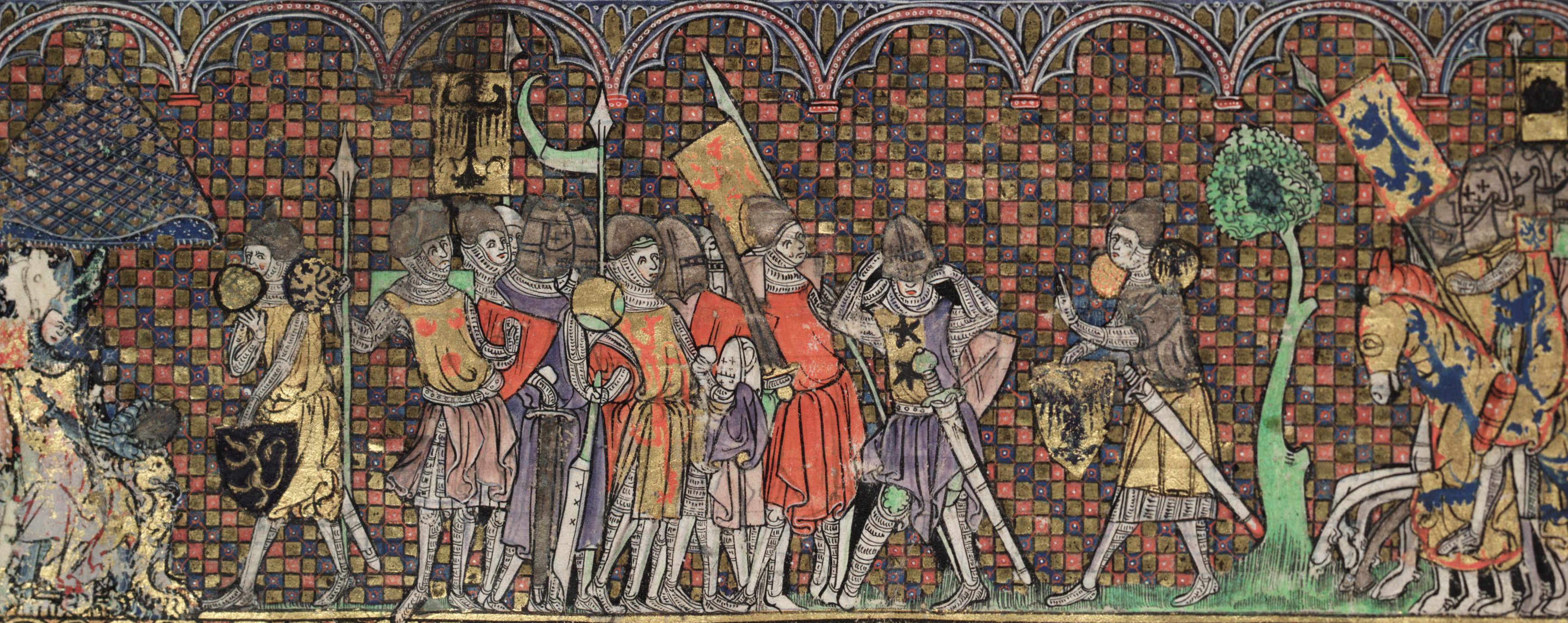 A manuscript miniature showcasing men wearing armor, reminiscent of the medieval era.